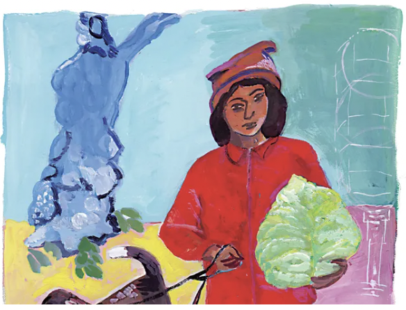 artwork of a woman holding things