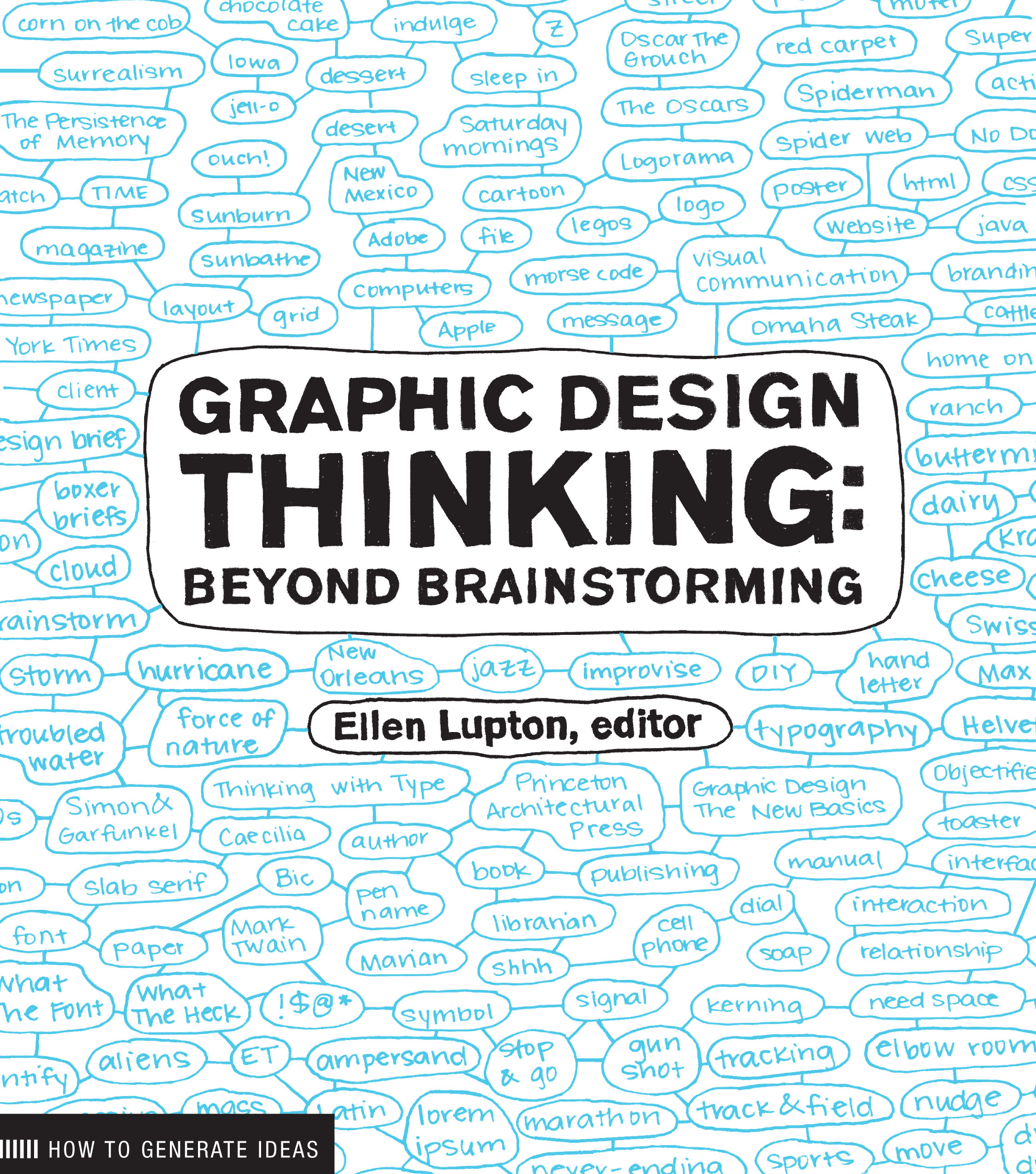a book title-page named 'Graphic Design Thinking: Beyond Brainstorming' with blue bubble texts connecting to one another in the background