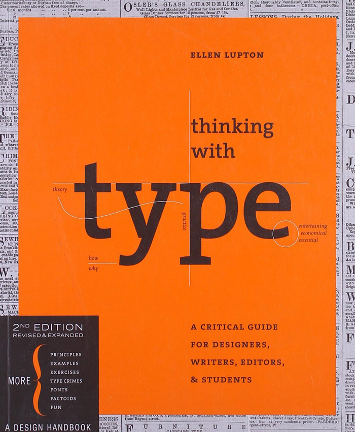 orange book with newspaper text as an outline titled 'thinking with type'