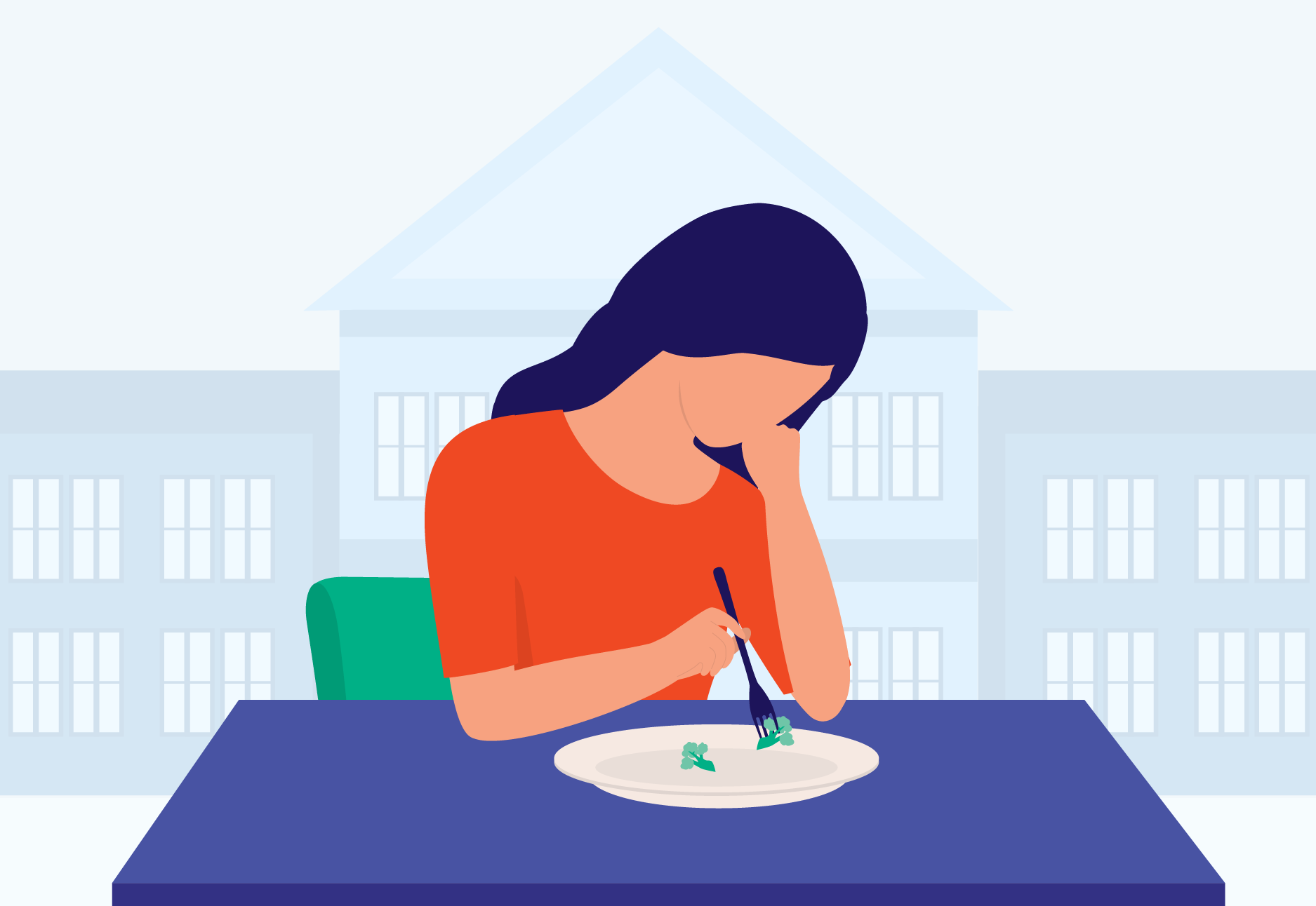 illustration of someone playing with two pieces of broccoli on an otherwise empty plate